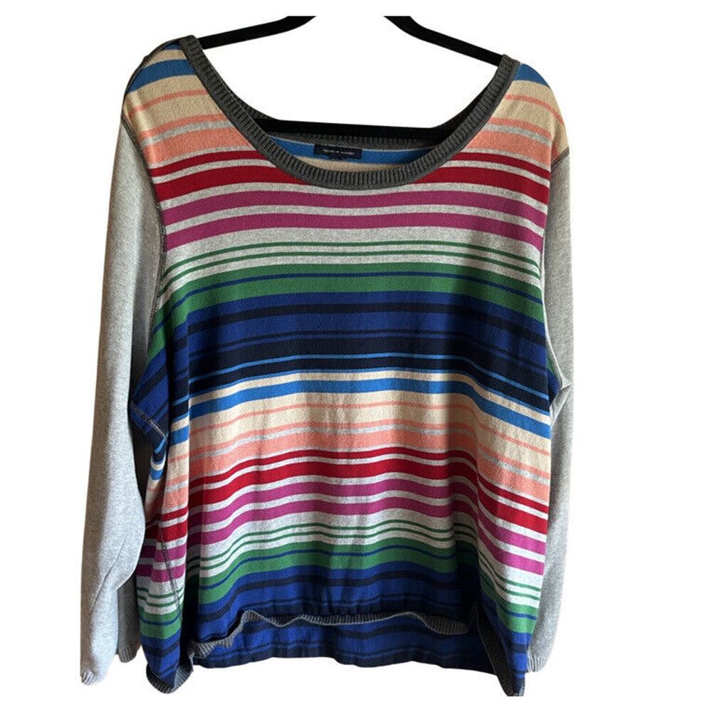 Tommy Hilfiger 2X? Striped Multicolored Light Sweater Grey Sleeves Colorful